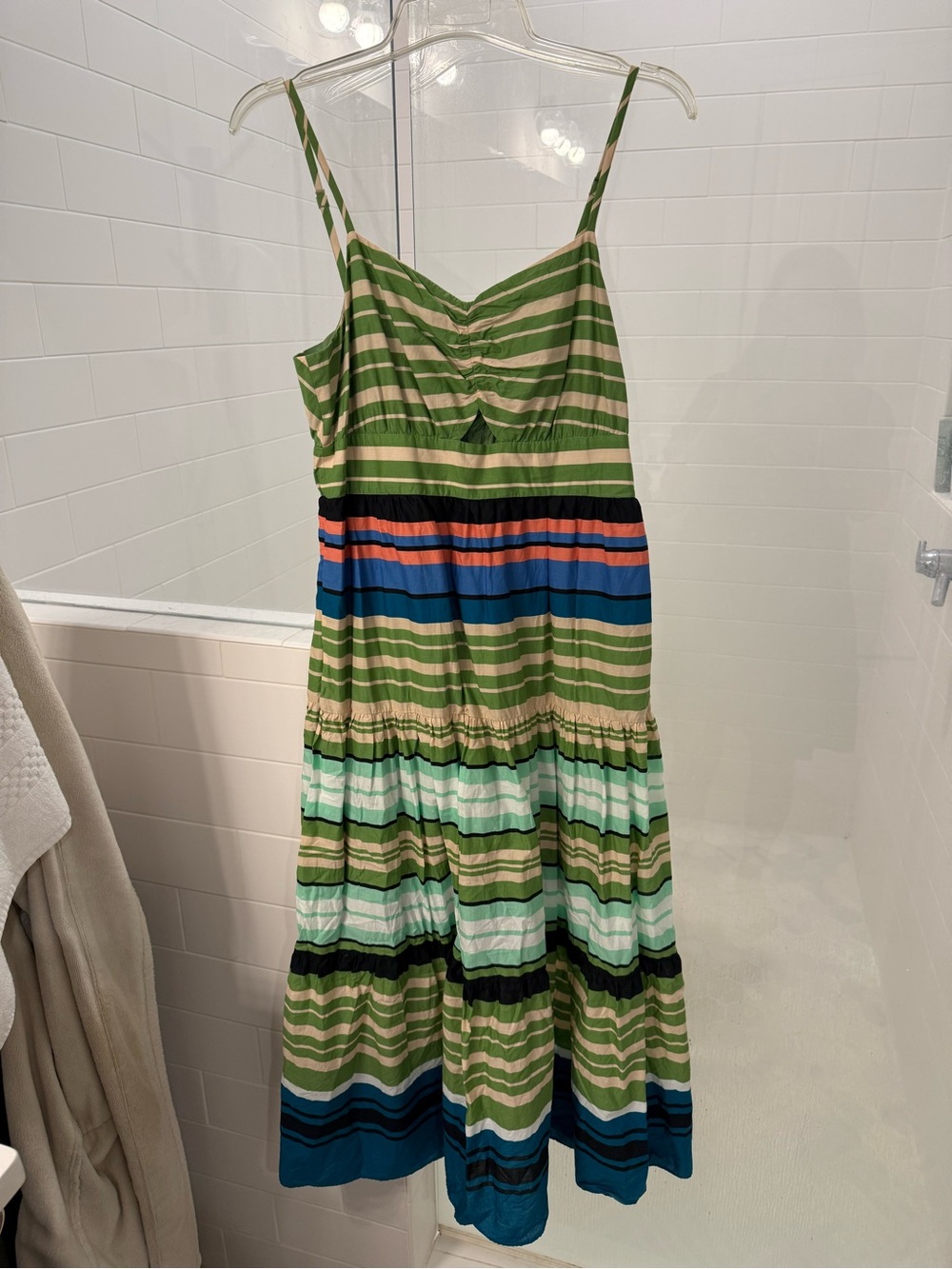 Striped Green Tiered Summer Dress ( On 34th) with Spaghetti Straps Size L